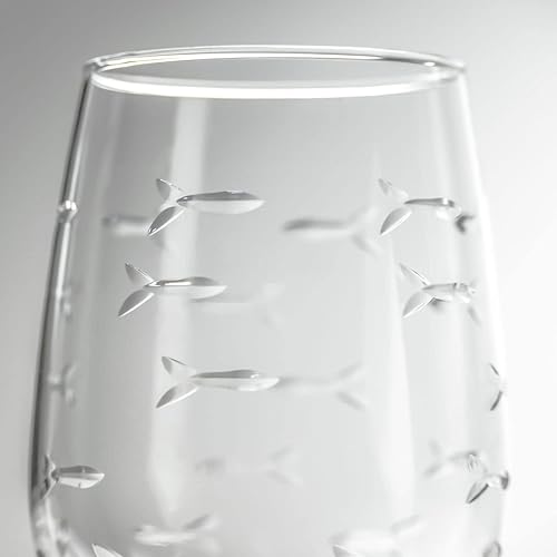 Miniatura 3 de Rolf Glass School of Fish Copa de vino blanco de 12 onzas  Juego de 4 copas de vino de tallo  Cristal sin plomo  Copa de vino grabado con rueda de