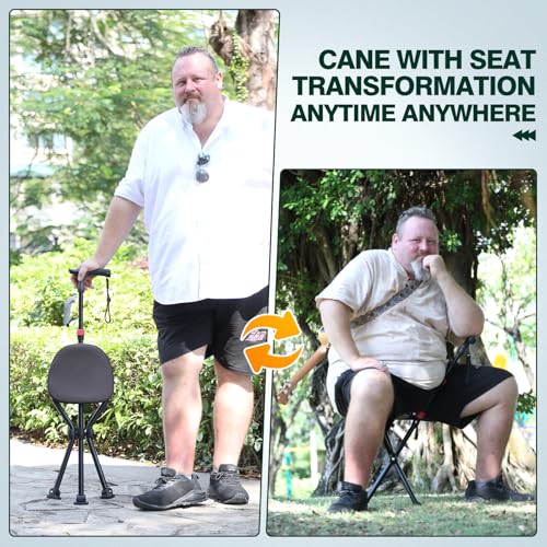 Image of Walking Cane with Seat - Folding Lightweight Walking Cane Chair for Seniors, Adjustable Height 32 inch-36 inch, Heavy-Duty 3-Legged Cane Stool for Men Women (Black)