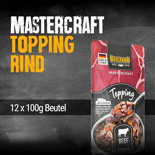 BELCANDO Mastercraft Topping Rind, 12x 100g Beutel, Nassfutter für Hunde, getreidefrei, sortenfrei, Ergänzungsfutter, Made in Germany