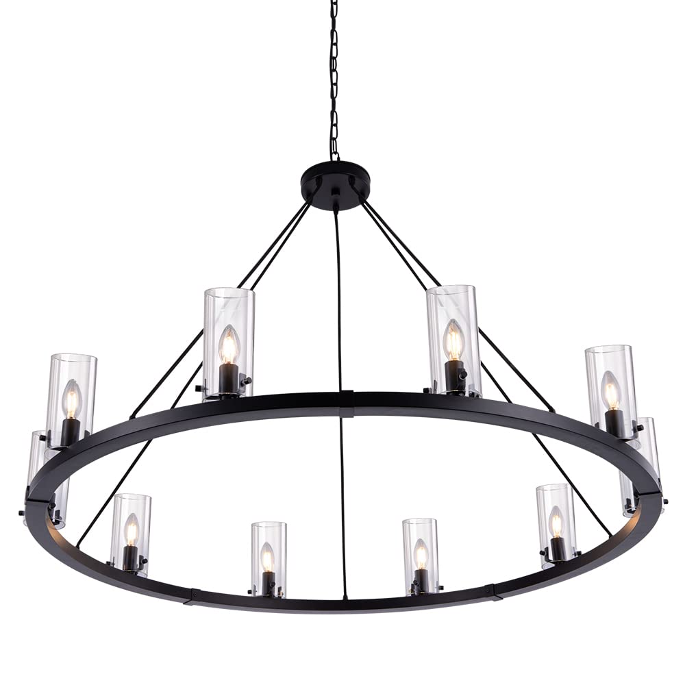 TOCHIC Black Chandelier 48 Inch, Modern Farmhouse Wagon Wheel Chandelier with Glass Shade for Dining Living Room, Industrial Large Chandeliers for High Ceilings, Kitchen, Entryway, Staircase, Foyer