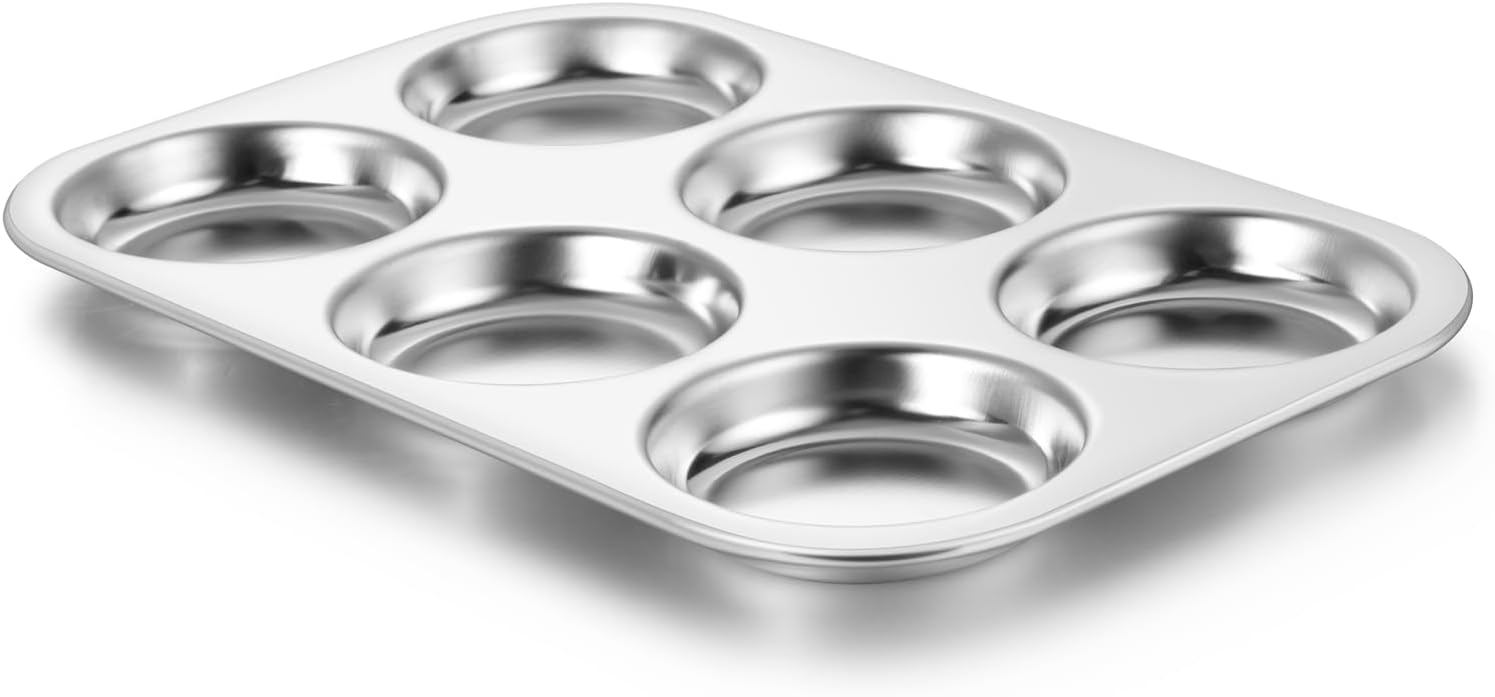 E-far Muffin Top Pan Set of 2, Stainless Steel 6-Cavity Shallow Cupcake Pan for Baking Whoopie Pie, Yorkshire Pudding, Eggs, Cornbread, Drop Cookies, Non-toxic & Standard Size, Oven & Dishwasher Safe