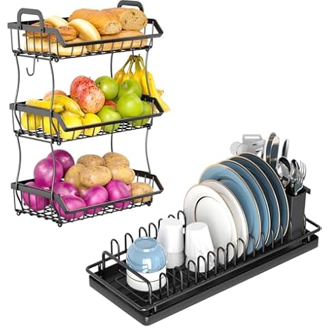 XYZLVSI Small Dish Drying Rack Sink Drying Rack with Silicone Mat & 3 Tier Fruit Basket with Banana Hangers,Stackable Wall Mounted Cover