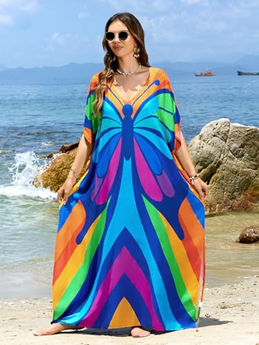 Image of sunforyou Kaftan Dresses for Women Plus Size Lightweight Swimsuit Cover up Batwing Sleeve Print Loungewear Beach Robe