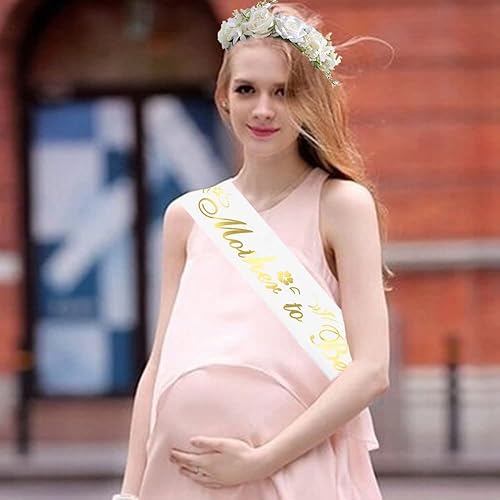 Miniatura 4 de Decoraciones de baby shower para mamá – Juego de 3 tiara de corona de flores ajustables, banda para mamá y pin para papá, regalo de fiesta de