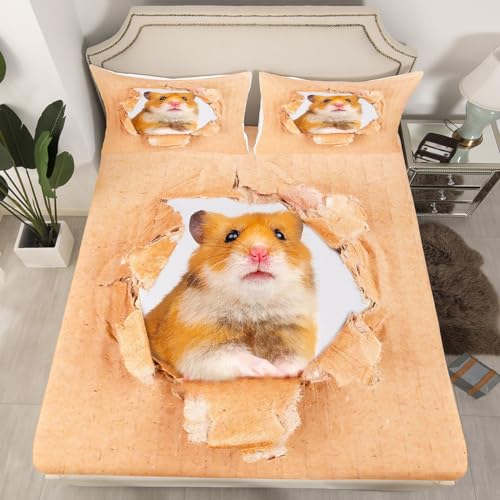 Hamster Fitted Bed Sheets Queen Size Brown Mouse Bedding Decor Set 3D Cute Animal Fitted Sheet Kawaii Pet Bedroom Decor Bed Sheet Fitted Sheet for Kids Boys Girls Teens