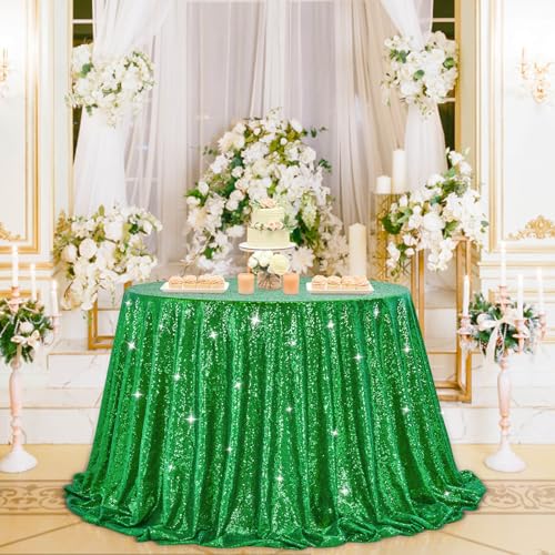 Image of B-COOL Round Tablecloth Sequin Draping Decorations: 132 Inch Tablecloths Sequin Overlay Green Shimmer Fabric for Birthday Dinner Parties Christmas Decor