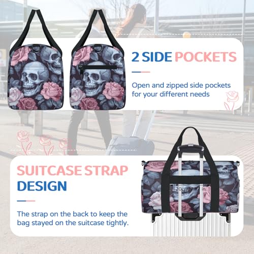 Skull Gothic Travel Duffle Bag Sports Yoga Weekender Overnight Workout Bags Floral Flower Rose Lightweight Waterproof Gym Tote Bag for Women4