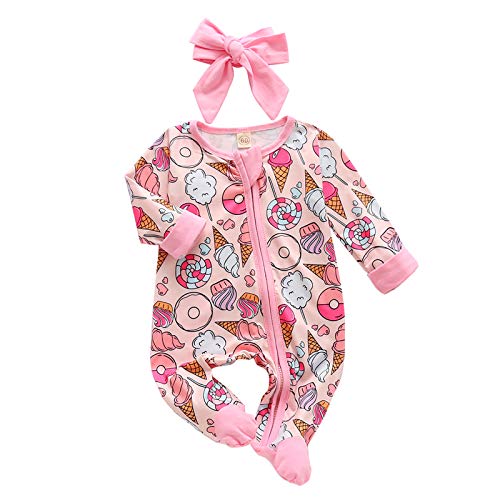 Newborn Baby Girls Sleep & Play Organic One-Piece Romper Jumpsuit Pj Zip Front Footed Pajama Set with Headband (ice Cream,3-6 Months)