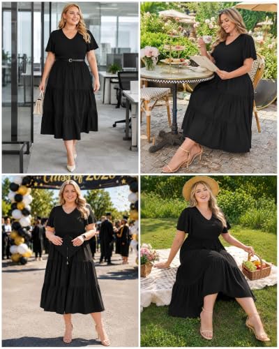 Image of Women's Plus Size Summer Dresses Floral Casual Tiered Midi Dresses V-Neck Short Sleeve Long Maxi Dress with Pockets