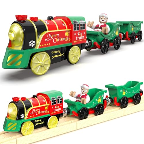 Juego de tren de Navidad para niños pequeños, juguete eléctrico para rieles de madera, tren de juguete a pilas con música e iluminación, tren motorizado compatible con Brio, Thomas y sus amigos