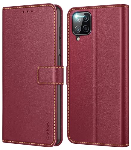 Ganbary Handyhülle für Samsung Galaxy A12 /M12 Hülle, Premium Leder Klapphülle [Kartenschlitzen] [Magnetverschluss] [Standfunktion] kompatibel mit Galaxy A12 /M12 Schutzhülle, Weinrot