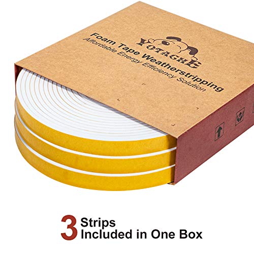Yotache White Doors Windows Weather Stripping 3 Rolls 3/8 Inch Wide X 1/8 Inch Thick, Foam Insulation Sealing Gasket Tape For Doors, Sliding Door, Total 50 Feet Long (3 X 16.5 Ft Each) #TOP2