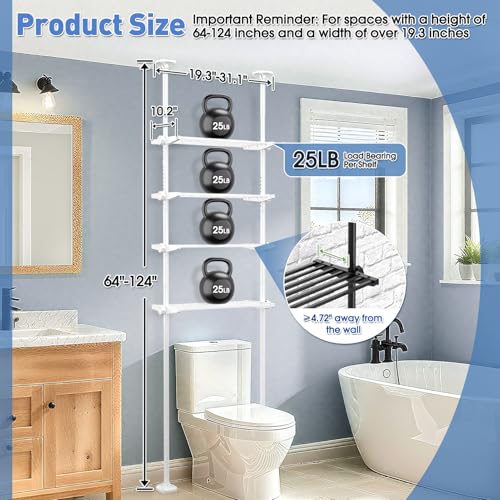 Image of SUNALLY Over The Toilet Storage Shelf, 4-Tier Adjustable Over Toilet Bathroom Organizer,Tension-Mounted Bathroom Storage Rack for Ceilings, No Drill Space-Saving Shelving for Small Rooms,White