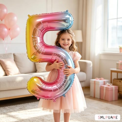 Image of 40 Inch Rainbow Gradient 5 Balloon for 5th Birthday Decorations