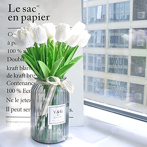 20Pcs Artificial Tulips Pu Touch Single Stem Fake Flower Bouquet Arrangement For Home Party Wedding Decoration (White) #TOP4