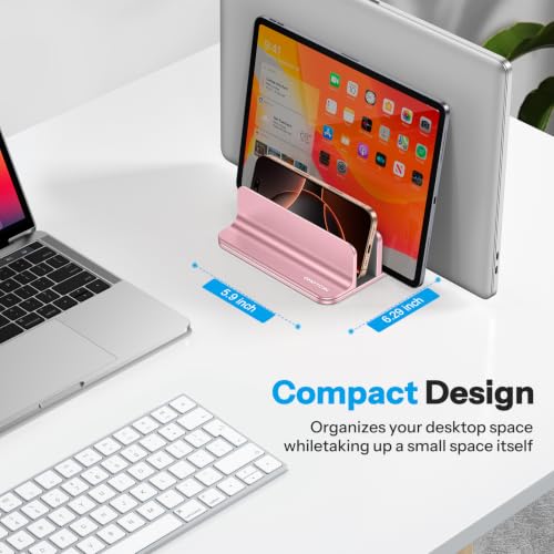 Image of OMOTON Vertical Laptop Stand [Updated 3-Solts Version], Desktop Aluminum Mac Book Stand with Adjustable Dock Size, Fits All Mac Book, Surface, Chrome Book and Gaming Laptops (Up to 17.3 in),Rosegold