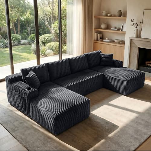 Image of 125 inch Oversized Cloud Boneless Couch with Chaise, Modern Modular Sofa with Deep Seat, Corduroy Upholstered U Shaped Couch for Living Room, No Assembly Required (Grey)