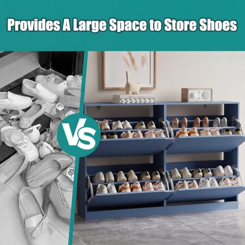 Image of Xixini Shoe Storage Cabinet for Entryway with 4 Flip Drawers, Sturdy Wood Hidden Shoe Storage, Freestanding Narrow Slim Shoe Organizer for Front Door Entrance, Living Room, Hallway, Bedroom, Blue