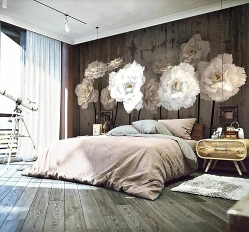 Papier peint 3D blanc fleurs rétro soie texturée pour salon et chambre