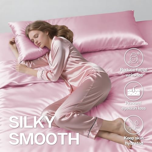 Image of MR&HM Satin Body Pillow Cover, Soft and Breathable Body Pillow Case with Envelope Closure, Cooling and Silky Long Pillowcase for Hair and Skin,Grey (20x54, Pink)