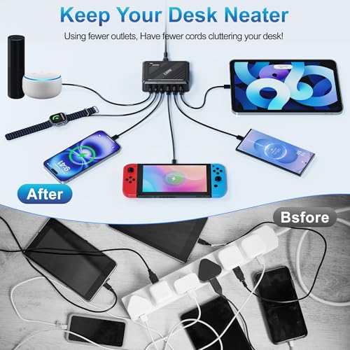 Image of MaxLax 120W 6-Port USB Desktop Rapid Charging Station, 3 USB-C Ports + 3 USB-A Ports, PD & QC Smart Adaptive Charging, Compatible with MacBook /iPhone /Samsung /iPad and More(Black)