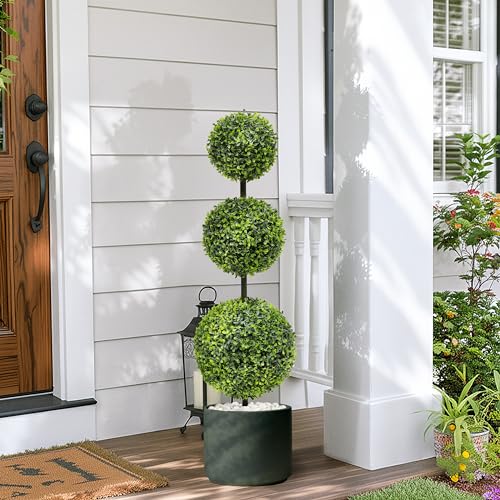 Puleo International 4 ft. Artificial Boxwood Topiary Tree Greenery Plants Ball Tree in Black Plastic Pot by Puleo International - Image 2