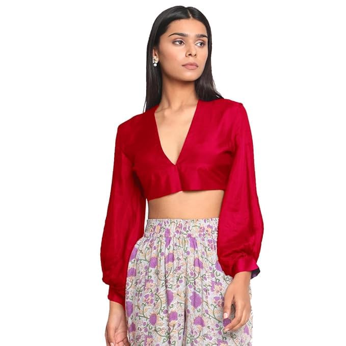 CULPI Women's Silk Gathered Sleeve V-Neck Blouse