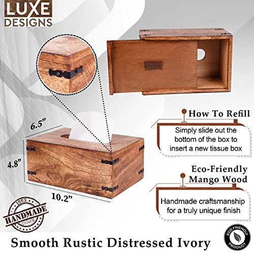 Luxe Designs Decorative Rectangular Wooden Tissue Dispenser with Slide-Out Bottom - Rustic Mango Wood Tissue Box Cover for Bathroom, Car, or Office Desk - 6.4 x 10.2 x 4.5 Inches, Natural