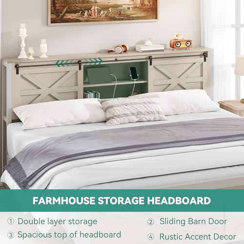 YITAHOME Farmhouse King Size Bed Frame with Headboard, Bookcase Storage Shelves, Sliding Barn Door, Charging Station, Rustic Wood Platform Bed, No Box Spring Needed, Oak