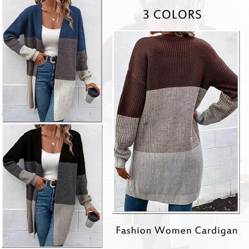 Image of Blostirno Womens Striped Long Open Cardigan Sweaters Long Sleeve Contrast Color Knitted Coat Outerwear