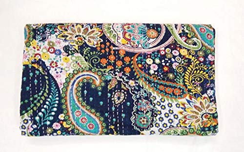 Textile Work Creations Handmad Bedcover Bedspread Kantha Quilt Indian Bedding Blue Grey Handmade Throw Tapestry Handmade Pure Cotton Quilted Bedding