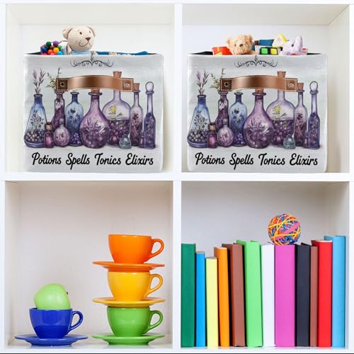 Image of Halloween Witch Potions Storage Basket with Waterproof Liner and PU Handles Purple Herb Spooky Storage Bins Boxes 14.2 inch Collapsible Decorative Organizer Baskets for Bedroom Closet Office 1 Pack