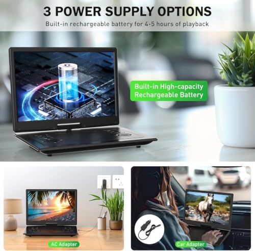 Image of 17.3 inch Portable DVD Player with Bluetooth Hadphones and Carrying Bag,15.4 inch Wide-Viewing-Angle HD Screen,6-Hours Rechargeable Battery,Car DVD Player for Kids,Support Bluetooth /HDMI in /AV /CD /VCD /DVD /USB