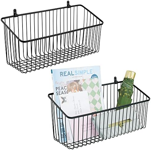 mDesign Portable Metal Farmhouse Wall Decor Angled Storage Organizer Basket Bin for Hanging in Kitchen/Pantry - Store Plastic Bags, Foils, Oils, Sandwich Bags - 2 Pack - Black