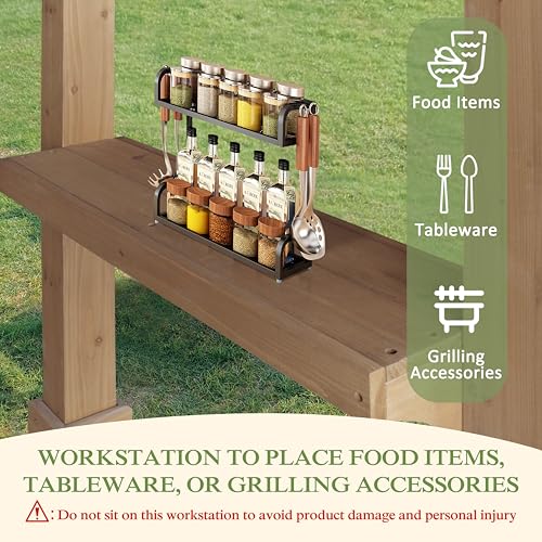 Image of BlueWish 8' x5' Outdoor Grill Gazebo, Wood Grill Gazebo with Metal Sloping Roof, Heavy Duty Cedar Wood Frame, Wind-Resistant Patio Gazebo with Shelves for Barbecue, Backyard, Garden, Light Mocha Brown