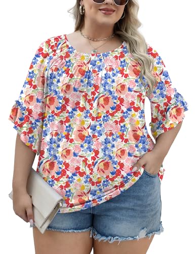Image of Micoson Womens Plus Size Tops 3 /4 Ruffle Sleeve Crewneck Pleated Shirts
