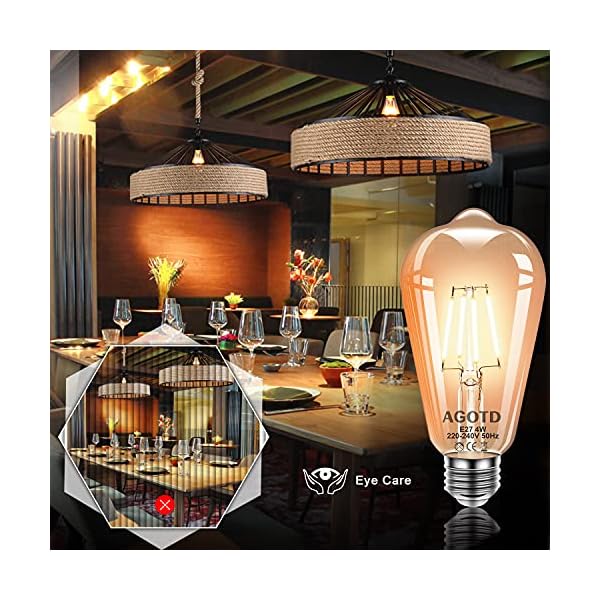 AGOTD Edison Vintage Glühbirne, Edison LED E27 ST64 4W Retro Glühbirne Warmweiß Ideal für Nostalgie und Retro… – Bild 5