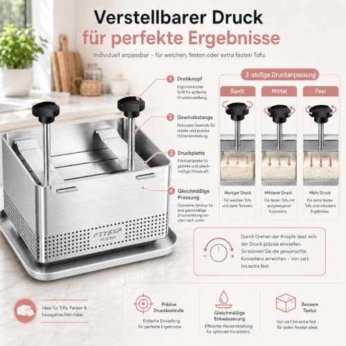 Foto von Tofupresse Edelstahl 304, verstellbare Tofu Presse mit Abtropfschale & Käsetuch, BPA-frei, spülmaschinenfest, Käsepresse für Tofu, Paneer, Käse & Gemüse (XL)
