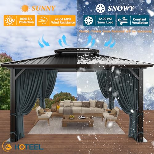 Image of HOTEEL 10x15 Hardtop Gazebo with Flame-Retardant Curtain & Netting, Hot Tub Gazebo with Galvanized Steel Double Roof, Heavy Duty Permanent Pavilion Outdoor for Patio, Frame Thickened (Upgraded 3.0)