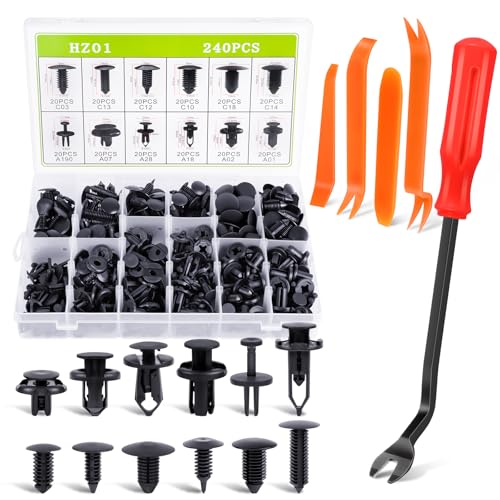 HOTUT Set di Clips Voiture per Auto,240 Pezzi Viti in Plastica Assetto Auto Kit,Clip di Fissaggio per Paraurti Dotato di Strumenti di Rimozione per Porta,Pannello,Parafango