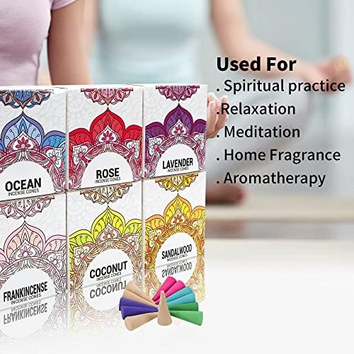 Incense Cones - Mix 6 Scents (96 Cones Total), 16 Cones Each of Rose, Sandalwood, Ocean, Lavender, Frankincense,Coconut Gift Sets