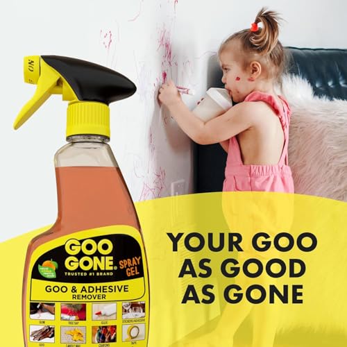 Image of Goo Gone Adhesive Remover Spray Gel 12 Oz with Scraper, Surface Safe | Citrus Cleaning Power for Hard Surfaces, Carpet & Fabric, Removes Glue, Stickers, Tape Residue, Grease, Gum & Wax, Drip Free