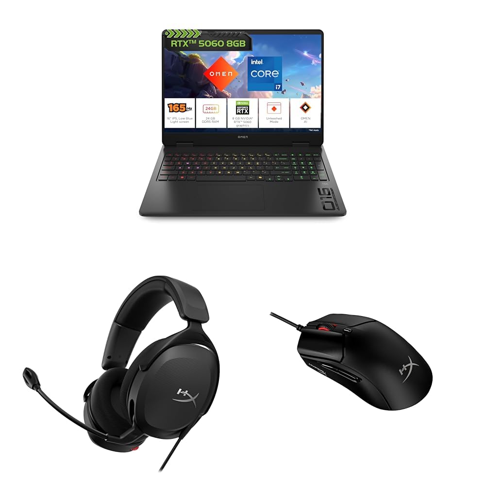 HP Omen, Intel Core i7-14650HX 14th Gen, 8GB RTX 5060, 24GB DDR5 1TB SSD with HyperX Cloud Stinger 2 Core Gaming Wired Headset & HyperX Pulsefire Haste 2 Hyperflex Cable, Up to 26000 DPI Gaming Mouse