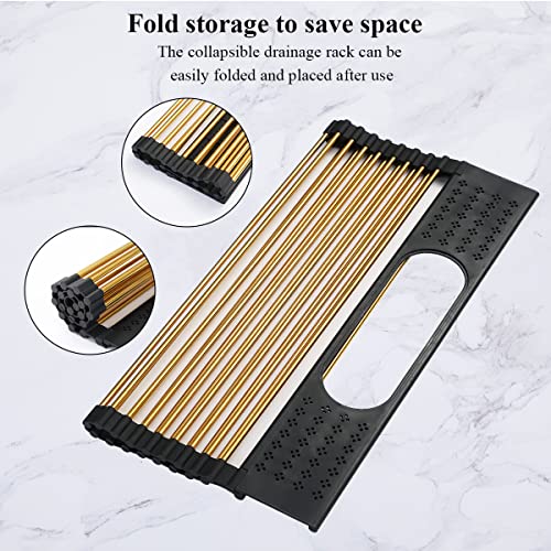 Berglander Gold Dish Drying Rack Over The Sink, L17.5*W 15" Rollable Tianium Golden Plating Stainless Steel Dish Rack With Removable Storage Basket, Perfect For Kitchen Sink #TOP4