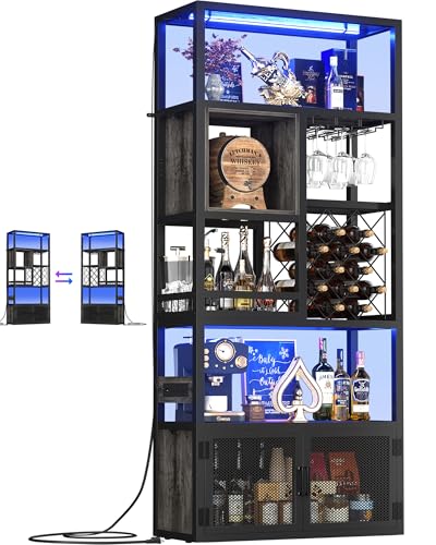 Armocity 82.6" Tall Bar Cabinet with Power Outlets & LED Lights, Liquor Cabinet Bar for Home, Reversible Coffee Station Wine Cabinet with Glass Holder & Wine Rack for Small Space, Grey Oak