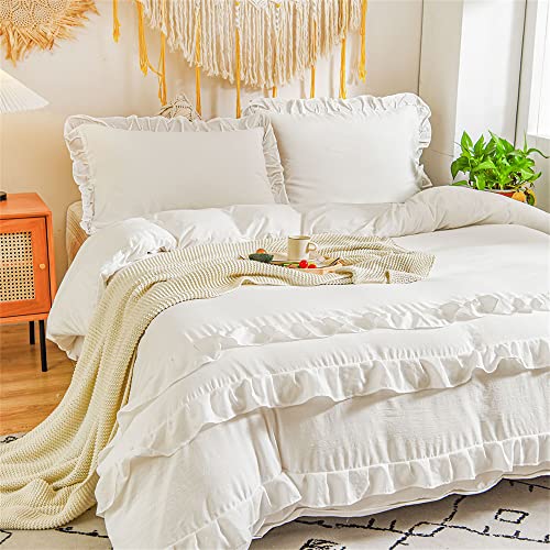 Abreeze Ruffle Duvet Cover King Soft Washed Microfiber Vintage French Country Duvet Cover Set White 3 Pieces Farmhouse Microfiber Bedding Comforter Cover Set, Soft And Lightweight #TOP1