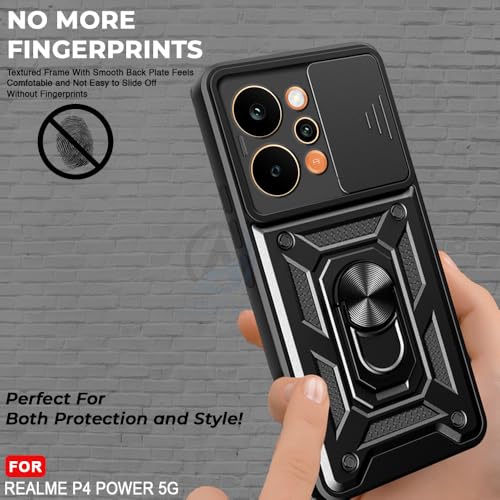 Image of AESTMO Tough Armor Realme P4 Power 5G Bumper Back Case Cover | Ring Holder & Sliding Camera Shield Cover | 360 Degree Protection Back Case Cover for Realme P4 Power 5G (Black)