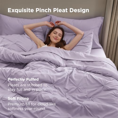 Image of Bedsure Full Comforter Set Light Purple - Bed in a Bag Full Size Bedding Set 7 PCS, GentleSoft Pintuck Bed Set Gift for Family, All Season Down Alternative Comforter with Sheets, Pillowcases & Shams