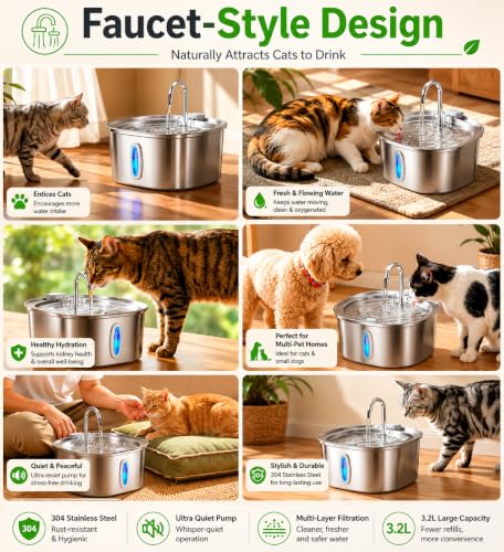 Image of Dog Water Fountain 3.2L, Stainless Steel Automatic Pet Water Fountain for Cats & Dogs, Water Dispenser with Water Level Window, Ultra Quiet, BPA-Free, Easy to Clean