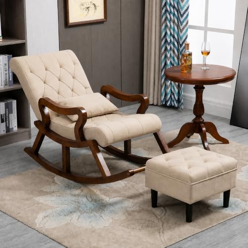 Image of Solid Sheesham Wood Rocking Chair with Ottoman | Velvet Upholstered Relaxing Chair for Living Room | Comfortable Single Seater Arm Chair with Footrest & Cushion | Beige | Pre-Assembled